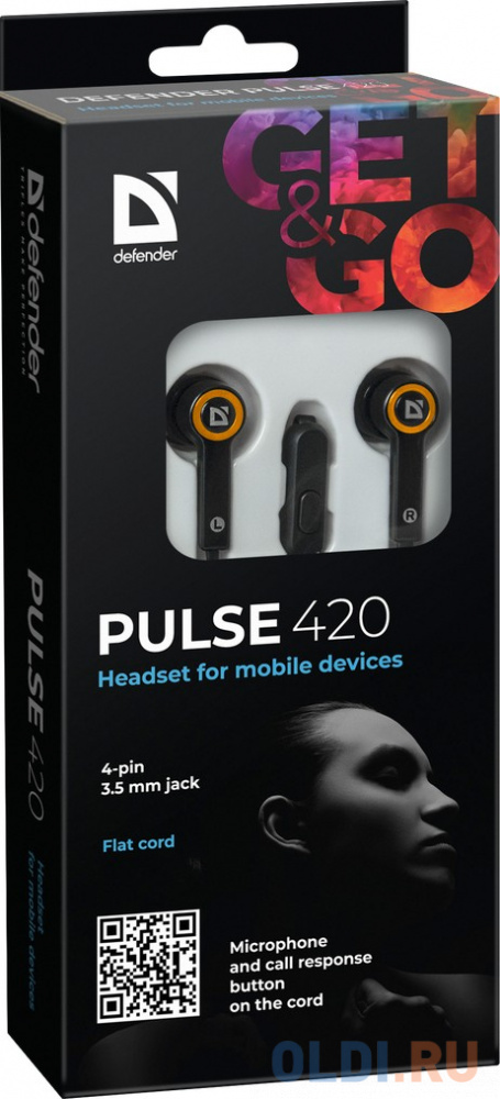 Гарнитура Defender Pulse-420 orange 4-пин 3,5 мм jack, кабель-1,2м