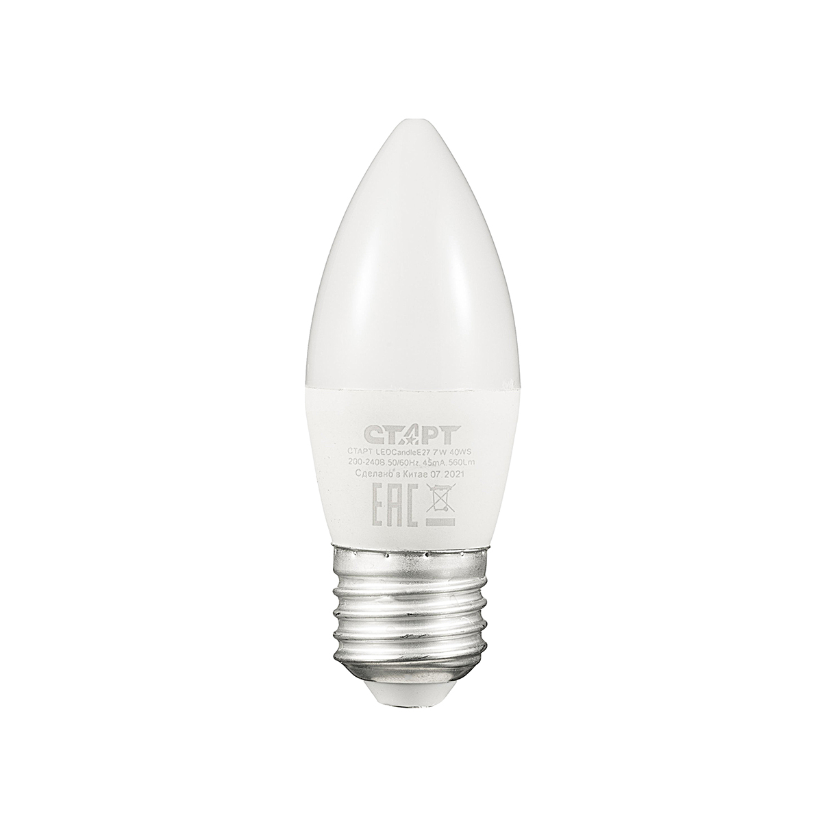 Лампа светодиодная E27 свеча, 7 Вт, 4000 K / нейтральный свет, 560лм, 220 В, СТАРТ (4610116202852)