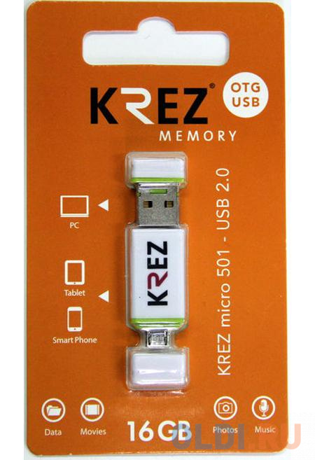 Флешка USB 16Gb Krez micro 501 бело-зеленый + адаптер KREZ501WE16