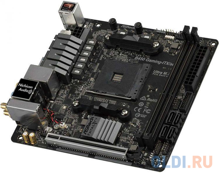 Материнская плата ASRock B450 GAMING-ITX/AC <AM4, AMD B450, 2xDDR4, PCI-Ex16, DP, HDMI, SATAIII+RAID, M.2, GB Lan, WiFi+Bt, USB3.1, mini-ITX, Retai