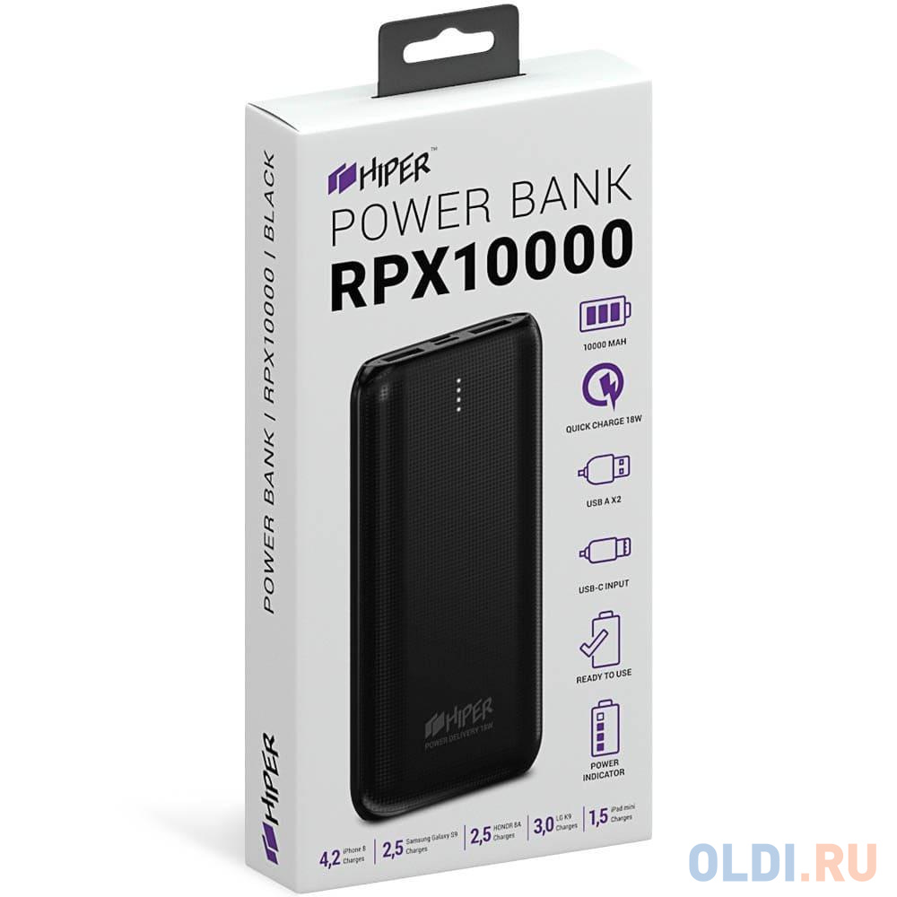 Внешний аккумулятор Power Bank 10000 мАч HIPER RPX10000 черный в Москвe