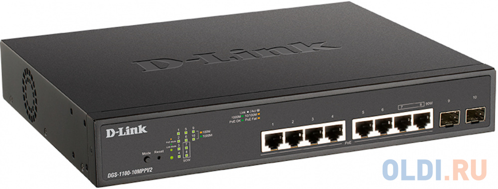 D-Link DGS-1100-10MPPV2/A3A Настраиваемый L2 коммутатор с 8 портами 10/100/1000Base-T и 2 портами 1000Base-X SFP (порты 1-8 PoE 802.3af/at, порты 7-8