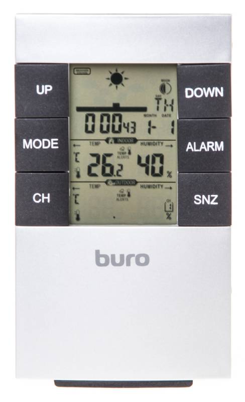 Метеостанция с беспроводным датчиком, температура в помещении / температура снаружи / влажность в помещении / влажность снаружи, серебристый, Buro H146G