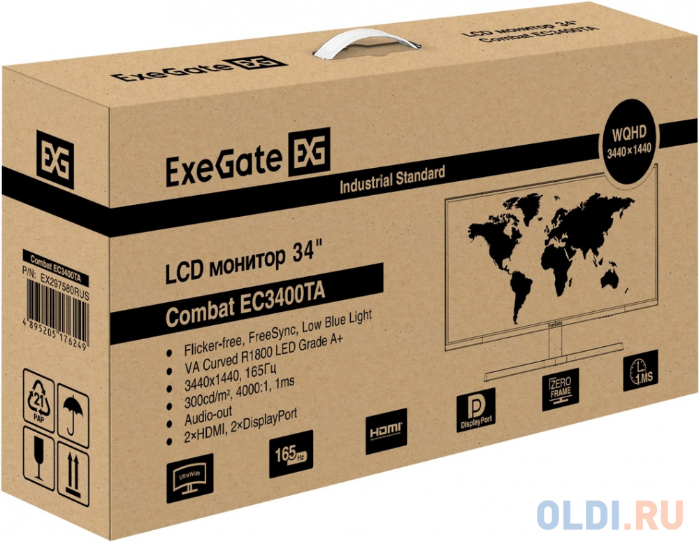 Монитор изогнутый игровой 165 Гц 34" ExeGate Combat EC3400TA (VA Curved R1800 LED Grade A+, UltraWide QHD 3440x1440@165Гц, 21:9, 300cd/m2, 4000:1 в Москвe