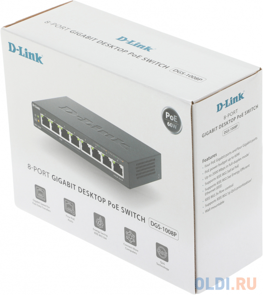 Коммутатор D-Link DGS-1008P/F1A 8G 4PoE+ 80W неуправляемый