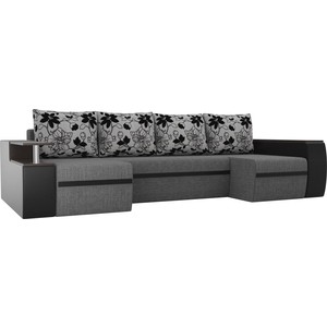 П-образный диван АртМебель Ричмонд рогожка серый/экокожа черный подушки рогожка на флоке