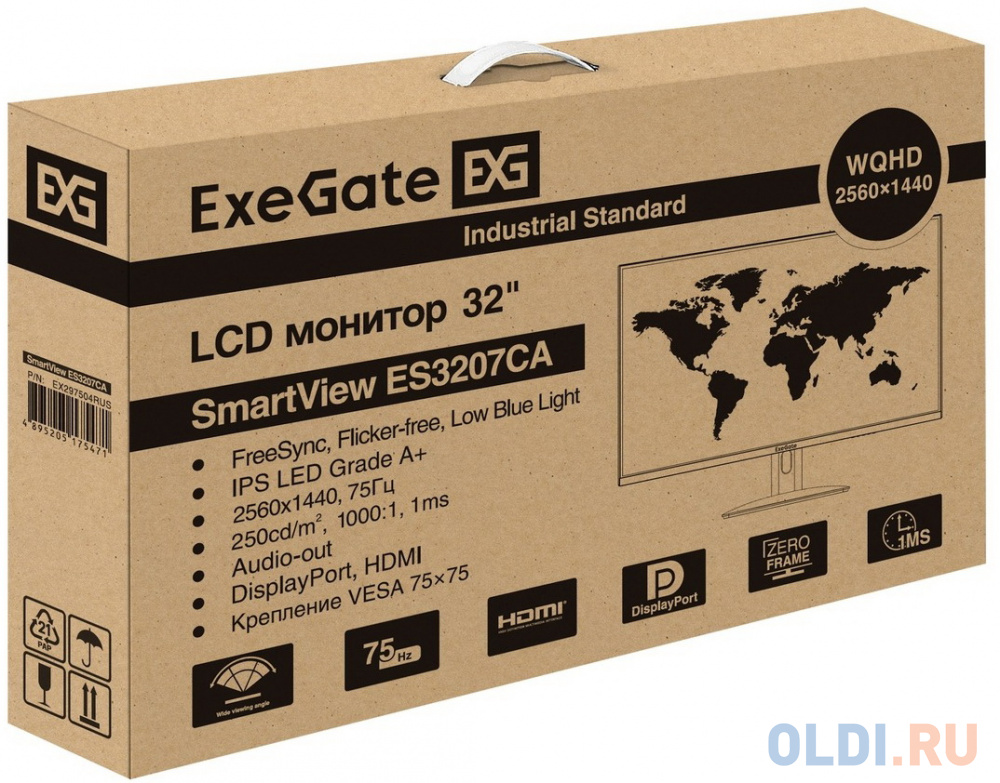 Монитор безрамочный с аудио выходом 32" ExeGate SmartView ES3207CA (IPS LED Grade A+, 2K, 2560x1440@75Гц (WQHD), 16:9, 250cd/m2, 1000:1, 178°/178