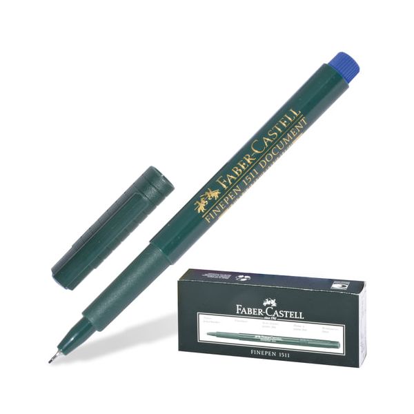 Ручка капиллярная FABER-CASTELL Finepen 1511, СИНЯЯ, корпус зеленый, линия письма 0,4 мм, FC151151, (10 шт.)