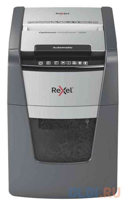 Шредер Rexel Optimum AutoFeed 100X черный с автоподачей (секр.P-4)/фрагменты/100лист./34лтр./скрепки/скобы/пл.карты