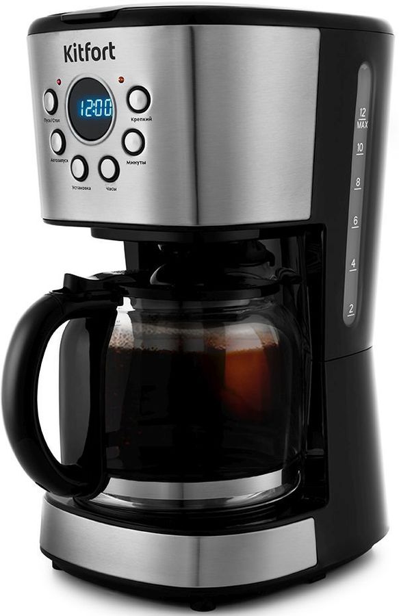 Кофеварка капельная Kitfort КТ-728, 900 Вт, кофе молотый, 1.5 л/1.5 л, дисплей, черный/серебристый