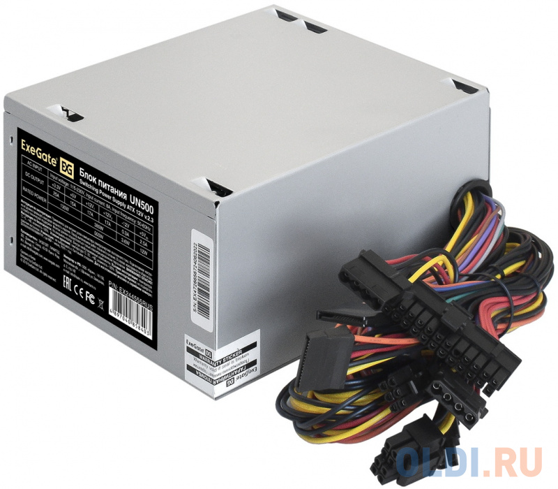 Exegate EX244555RUS-S Блок питания UN500, ATX, SC,12cm fan, 24p+4p, 6/8p PCI-E, 3*SATA, 2*IDE, FDD + кабель 220V с защитой от выдергивания