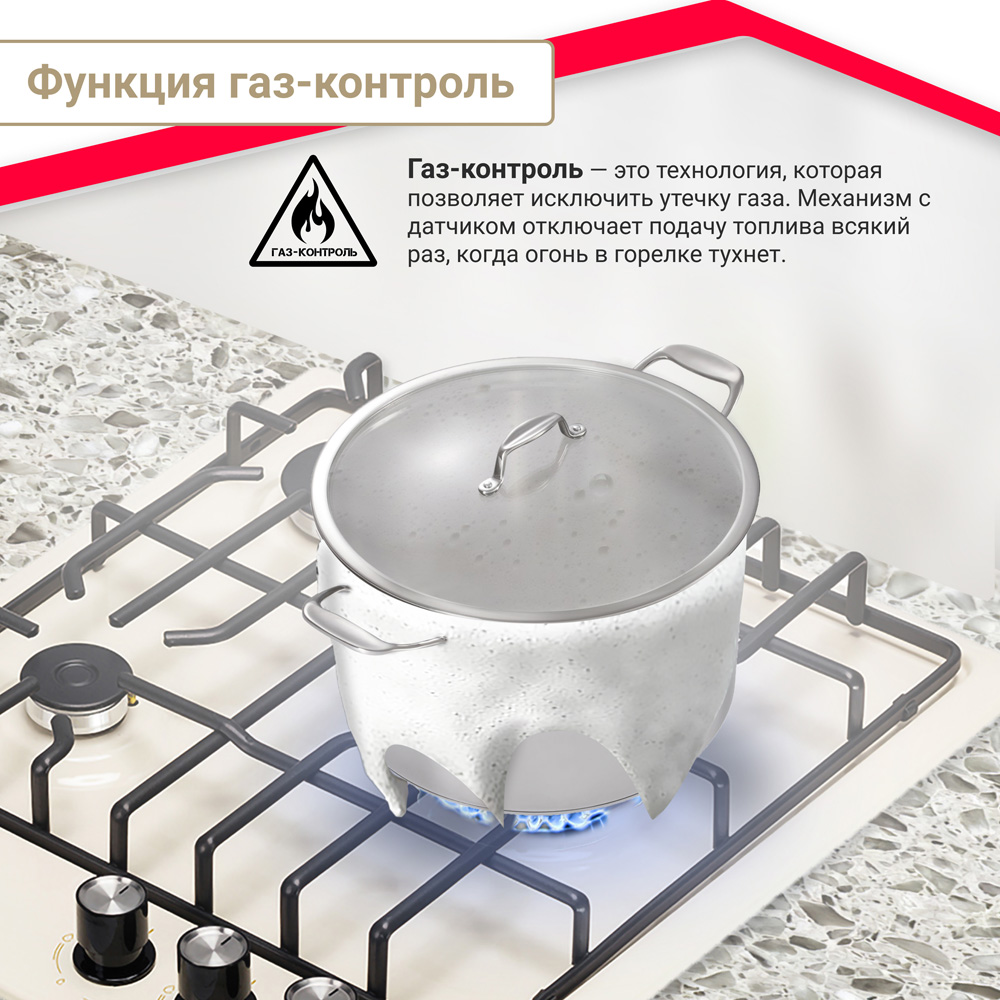 Газовая варочная поверхность Simfer H45V35R571, решетки LAMA, газ-контроль, WOK-конфорка, эмаль