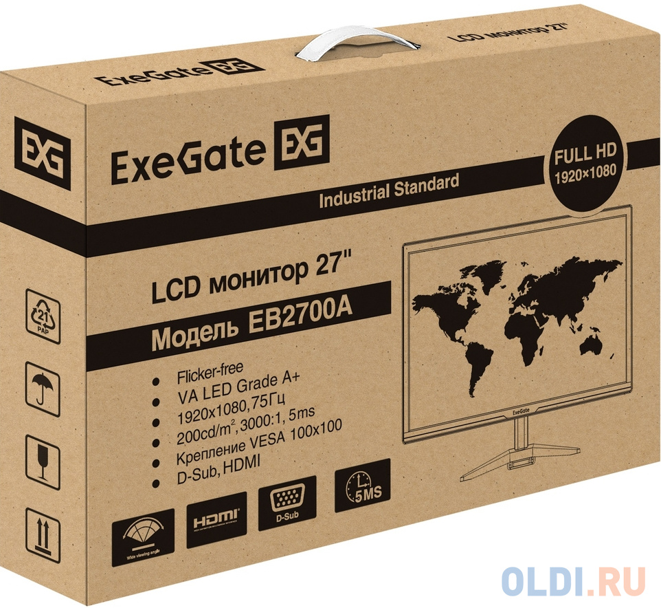 Монитор 27" ExeGate EB2700A (VA LED Grade A+, FHD, 1920x1080@75Гц, 16:9, 200cd/m2, 3000:1, 178°/178°, 5ms, D-Sub, HDMI, Flicker-free, кабель HDMI в Москвe