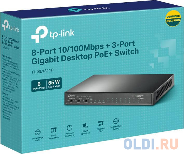 TP-Link TL-SL1311P Настольный коммутатор с 8 портами 10/100 Мбит/с, 2 гигабитными портами и портом SFP