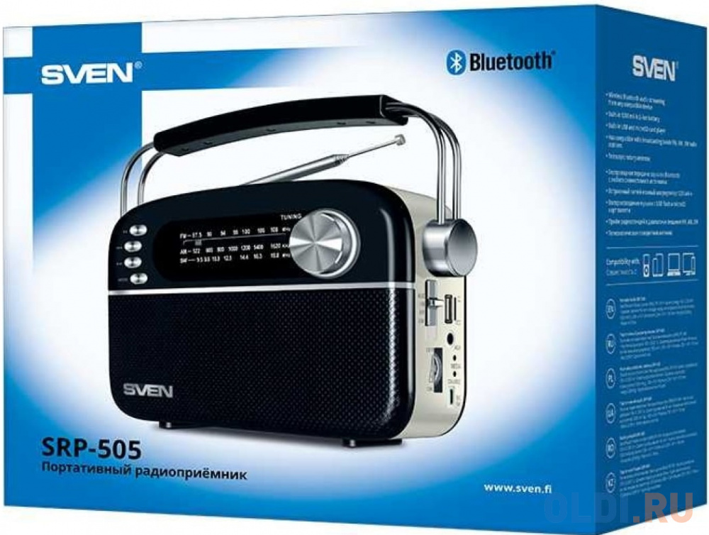 Радиоприёмник SVEN SRP-505 чёрный (4 Вт, FM/AM/SW, USB, SD/microSD, Bluetooth, 1200 мАч)