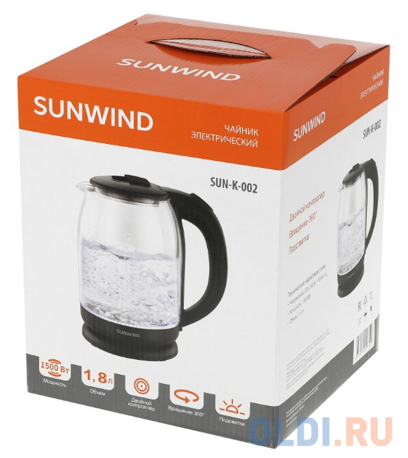 Чайник электрический SunWind SUN-K-002 1.8л. 1500Вт прозрачный/черный (корпус: стекло)