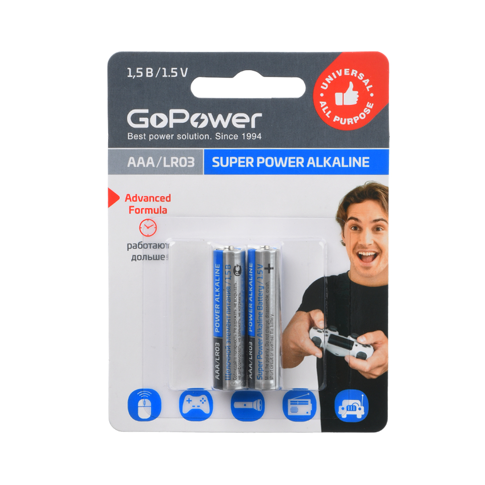 Батарейка GoPower LR03 AAA BL2 Alkaline 1.5V (2/24/480) блистер (2 шт.) в Москвe