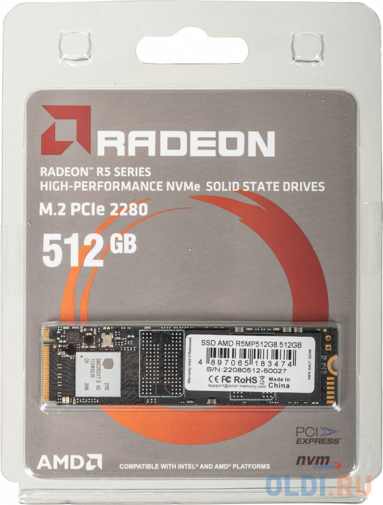 M.2 2280 512GB AMD Radeon R5 Client SSD R5MP512G8 PCIe Gen3x4 with NVMe, 3D TLC, RTL (183474) в Москвe