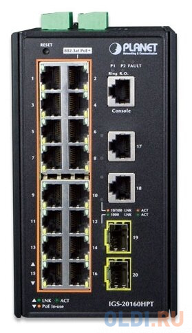 IP30 Industrial L2+/L4 16-Port 1000T 802.3at PoE+ 2-Port 1000T + 2-port 100/1000X SFP Full Managed Switch (-40 to 75 C, dual redundant power input on