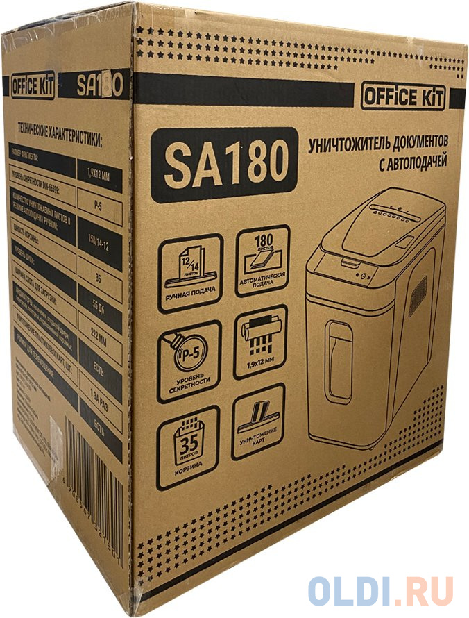 Шредер Office Kit SA180 1,9x12 белый/черный с автоподачей (секр.P-5) фрагменты 14лист. 35лтр. скрепки скобы пл.карты