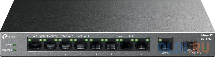 TP-Link LS1210GP, Настольный коммутатор с 9 гигабитными портами RJ45 (8 портов PoE+) и портом SFP, 802.3af/at, бюджет PoE — 61 Вт, до 250 метров в Москвe