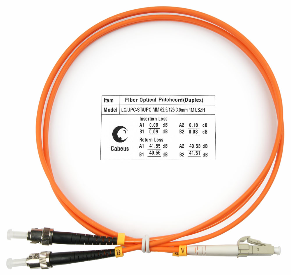 Патч-корд оптический Cabeus FOP-62-LC-ST-1m, LC/UPC-ST/UPC, многомодовый, 62.5/125, OM1, двойной, 1 м, LSZH, оранжевый (FOP-62-LC-ST-1m)