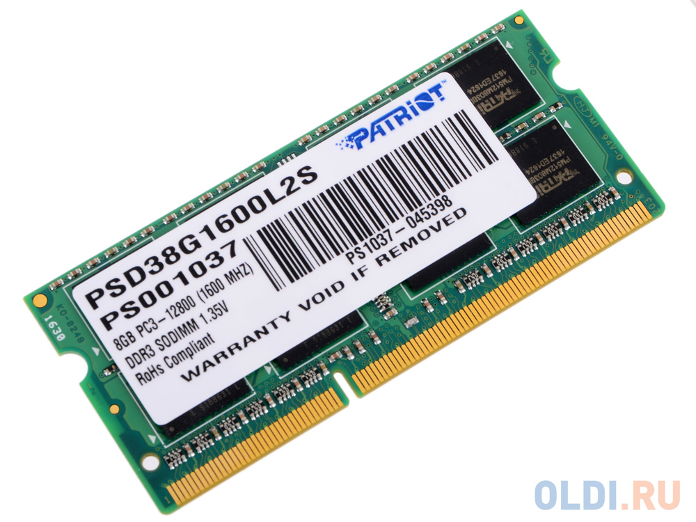 Оперативная память для ноутбука Patriot PSD38G1600L2S SO-DIMM 8Gb DDR3L 1600 MHz PSD38G1600L2S