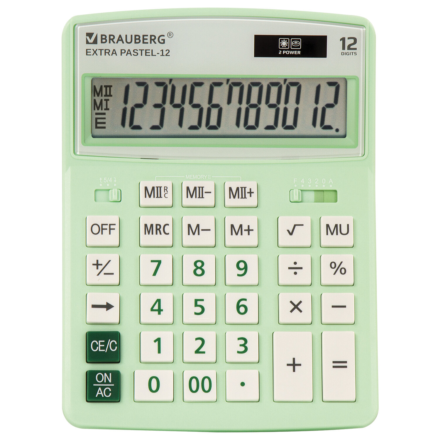Калькулятор настольный BRAUBERG Extra PASTEL-12-LG, 12-разрядный, однострочный экран, мятный (250488)