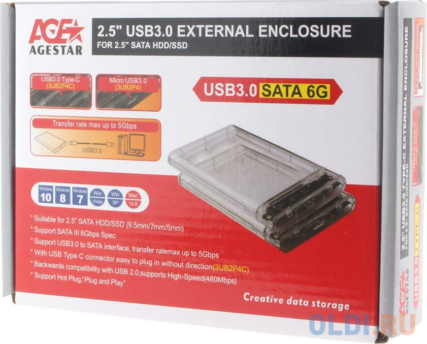 USB 3.0 Внешний корпус 2.5  SATAIII HDD/SSD AgeStar 3UB2P4 (TRANSPARENCY) пластик, прозрачный (50)  (672691)