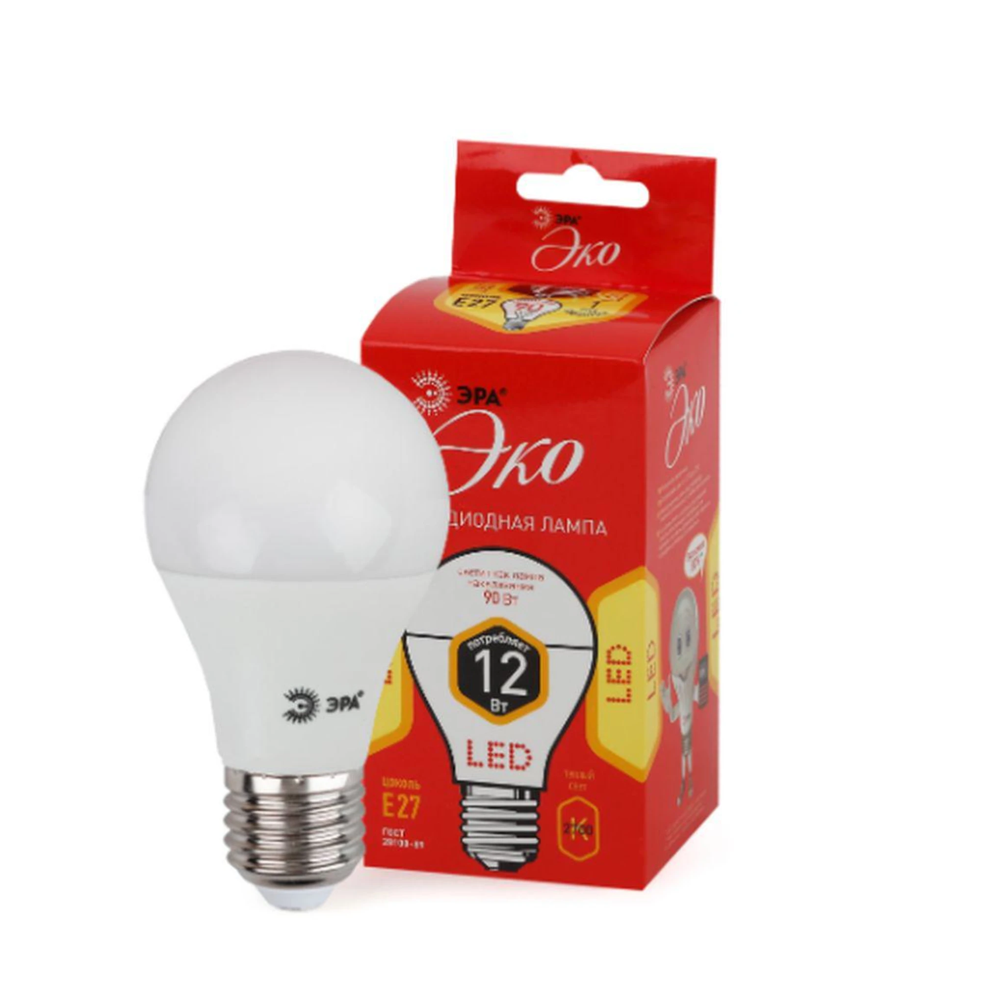 Лампа светодиодная E27 груша/A60, 12Вт, 2700K / теплый свет, ЭРА LED A60-12W-827-E27 R (Б0050197)