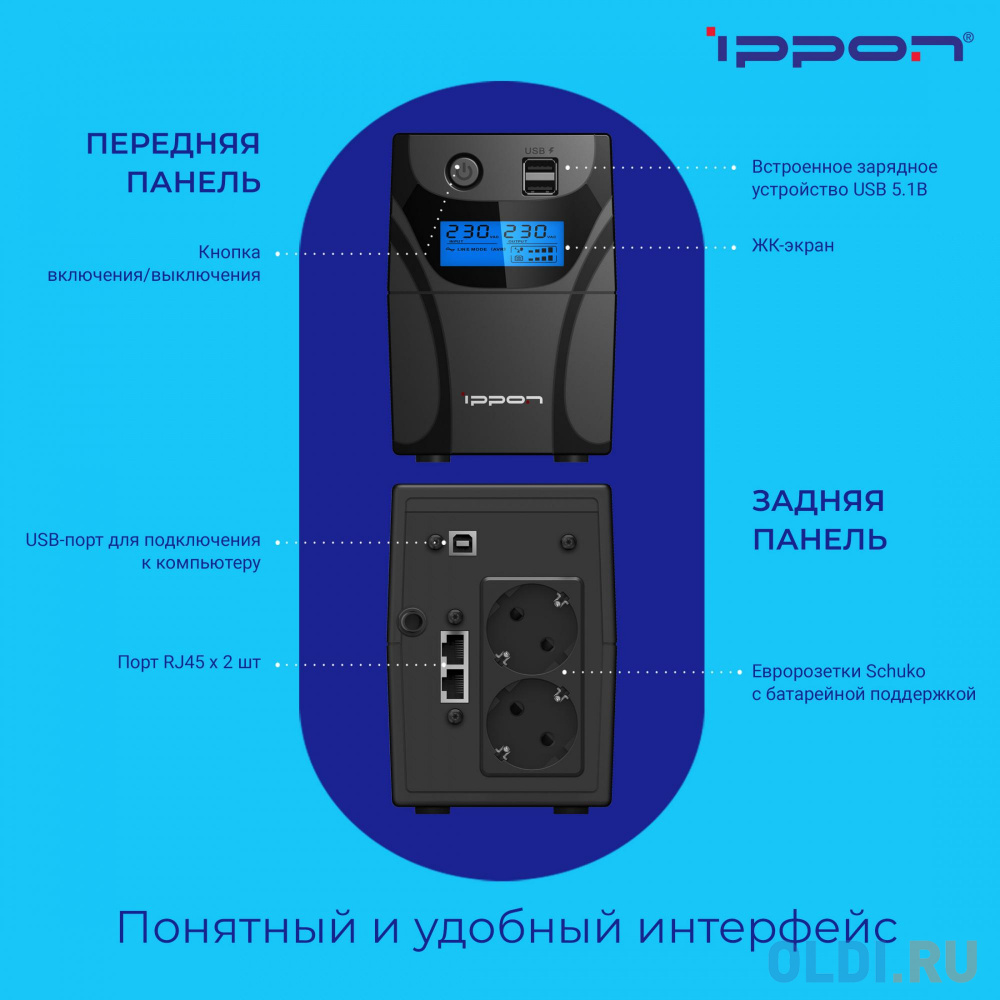 ИБП Ippon Back Power Pro II 650 650VA/360W LCD,RJ-45,USB (2 EURO)