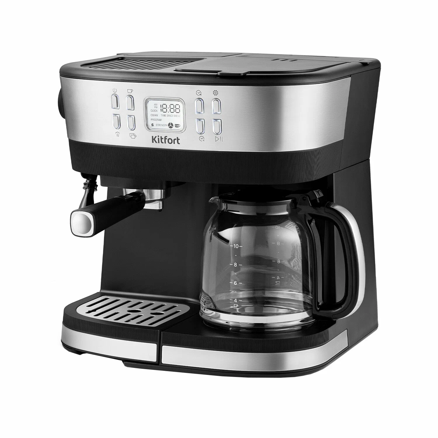 Кофеварка рожковая и капельная Kitfort КТ-771, 2.02 кВт, кофе молотый, 1.5 л/1.5 л, ручной капучинатор, дисплей, серебристый/черный (КТ-771)
