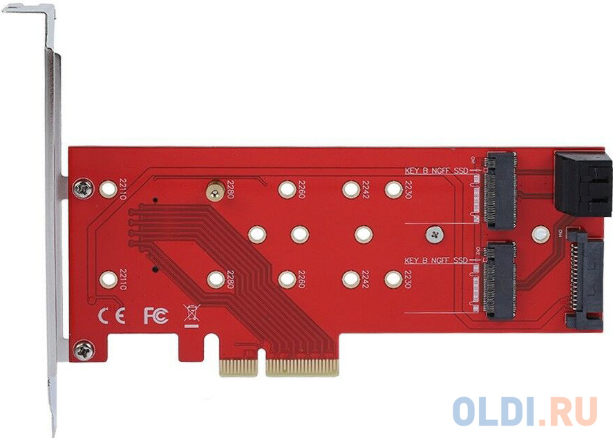 ORIENT C298E, Переходник PCI-E 4x->NGFF (M.2) M-key PCI-E SSD + 2xSATA->2xNGFF (M.2) B-key SSD, тип 2230/2242/2260/2280, SATA кабель - 2шт. в ко