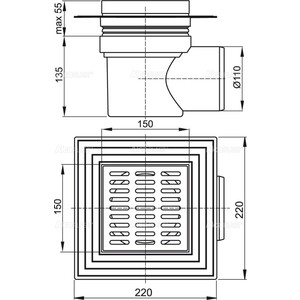 Душевой трап AlcaPlast 150х150/110 подводка боковая, нержавеющая сталь, гидрозатвор мокрый (APV12)