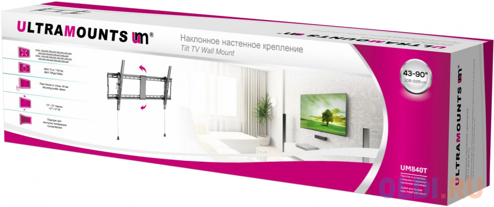 Кронштейн для телевизора Ultramounts UM 840T черный 43"-90" макс.70кг настенный наклон в Москвe