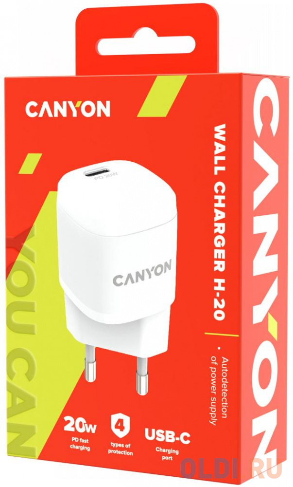 Canyon, PD 20W Input: 100V-240V, Output: 1 port charge: USB-C:PD 20W (5V3A/9V2.22A/12V1.66A) , Eu plug, Over- Voltage ,  over-heated, over-current and