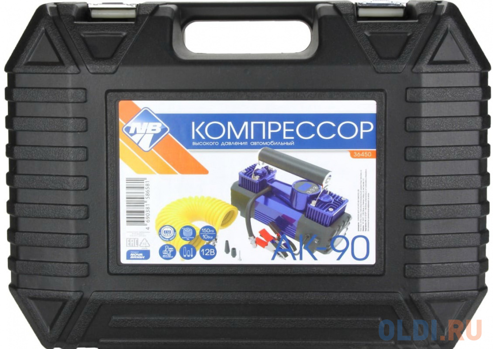 Nova Bright Компрессор АК-90 двухпоршневой, до 90 л/мин., 150 PSI, 12В, металл.корпус, пластик.кейс, цифровой манометр, LED-фонарь 36450 в Москвe