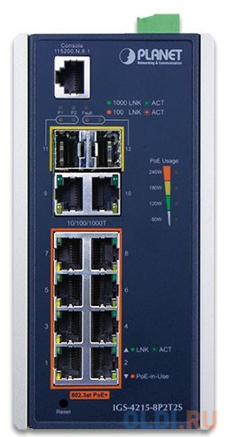 IP30 Industrial L2/L4 8-Port 10/100/1000T 802.3at PoE + 2-Port 10/100/100T + 2-Port 100/1000X SFP Managed Switch (-40~75 degrees C), dual redundant po