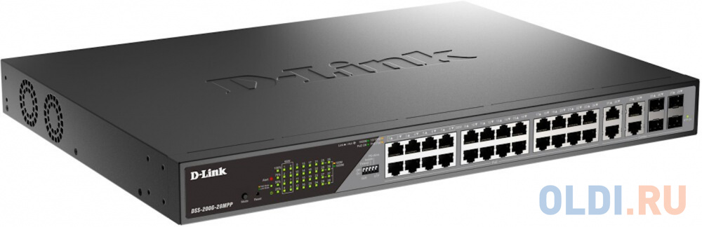 D-Link Smart L2 Surveillance Switch 24х1000Base-T PoE (8 PoE ports 802.3bt 90W), 4xCombo 1000Base-T PoE/SFP, PoE Budget 518W, Long-range PoE up to 250