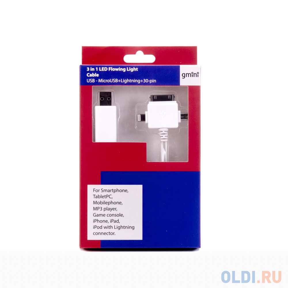 Кабель microUSB Lightning Apple 30-pin 1м Gmini GM-MEL400FLWBL плоский белый