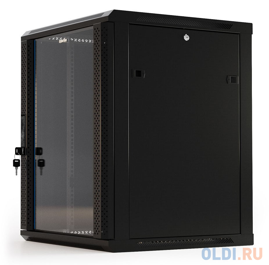 Шкаф коммутационный Hyperline (TWB-1866-GP-RAL9004) настенный 18U 600x600мм пер.дв.стекл 2 бок.пан. 60кг черный IP20 сталь