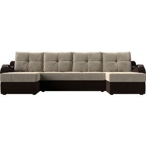 П-образный диван АртМебель Меркурий вельвет бежевый/коричневый