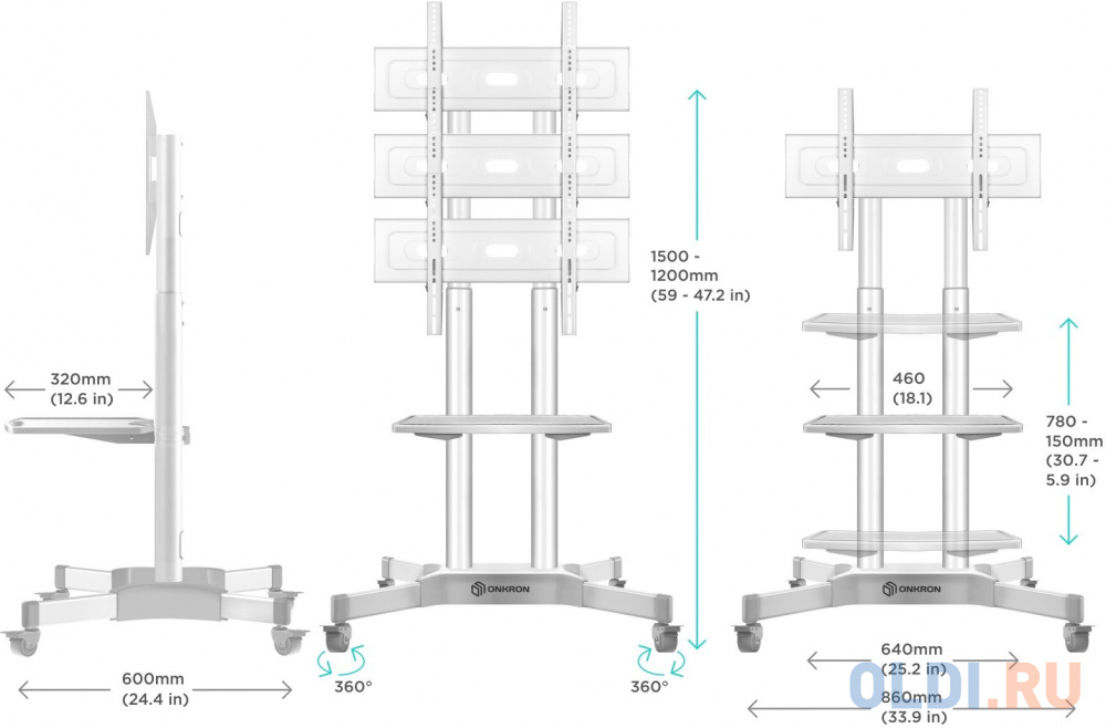 Мобильная стойка ONKRON на 1 ТВ/ 40-65" от 200х200 до 400х600 наклон 0? поворот 0? макс нагр 45,5кг Высота 1200-1500мм, кабель-канал, регулировка
