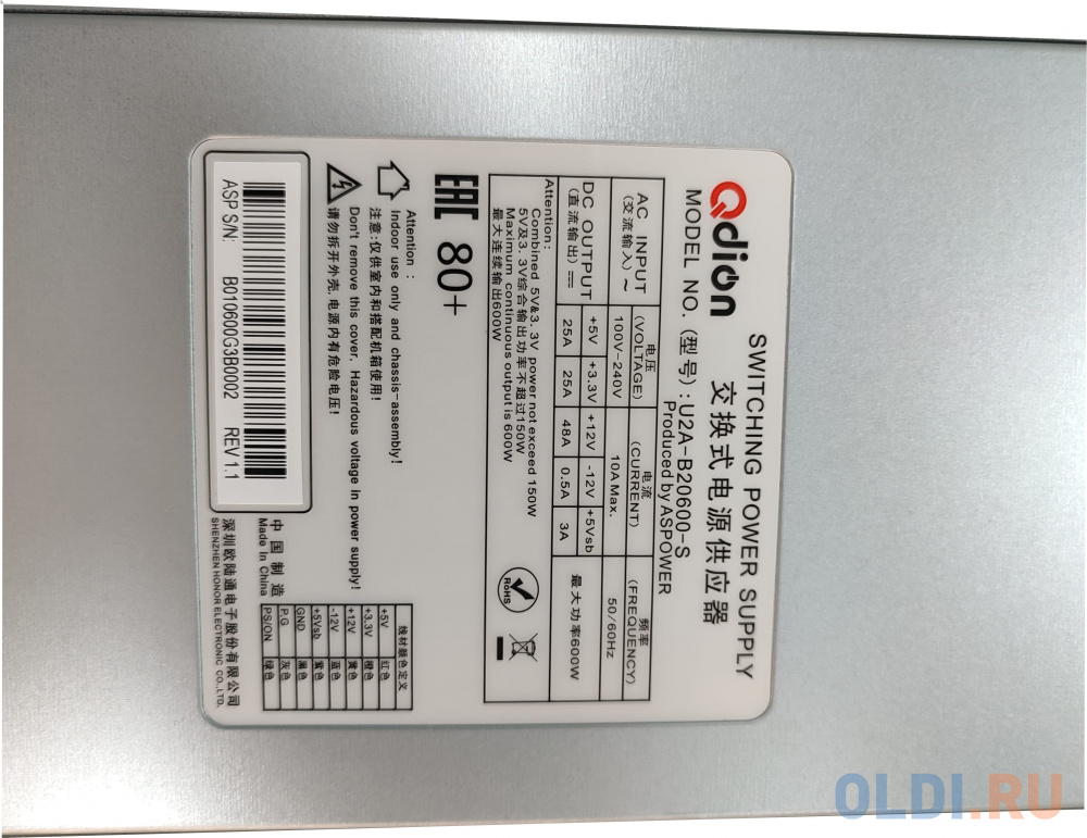 Блок питания серверный/ Server power supply Qdion Model U2A-B20600-S P/N:99SAB20600I1170111 2U Single Server Power 600W Efficiency 80 Plus Standard, C в Москвe