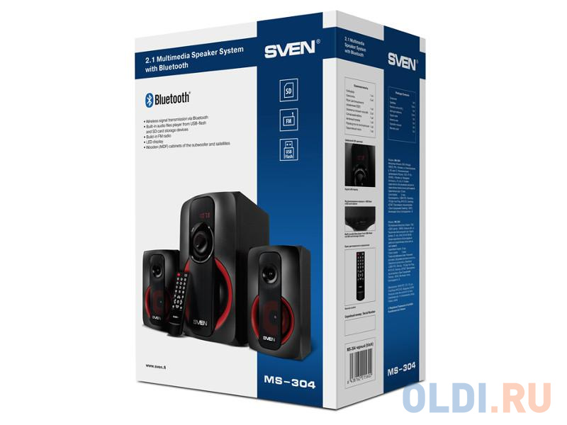 Колонки Sven MS-304 чёрные (RMS: 20 Вт + 2x10 Вт, FM, USB/SD, ПДУ, Bluetooth)