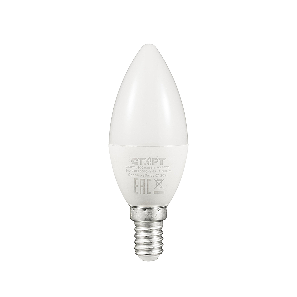 Лампа светодиодная E14 свеча, 7 Вт, 4000 K / нейтральный свет, 560лм, 220 В, СТАРТ (4610116202821)