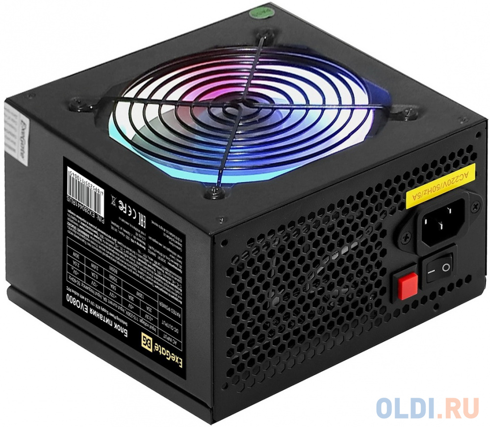 Блок питания 800W ExeGate EVO800 (ATX, APFC, PC, 12cm RGB fan, 24pin, (4+4)pin, PCIe, 5xSATA, 3xIDE, FDD, Cable Management, black, кабель 220V в компл в Москвe