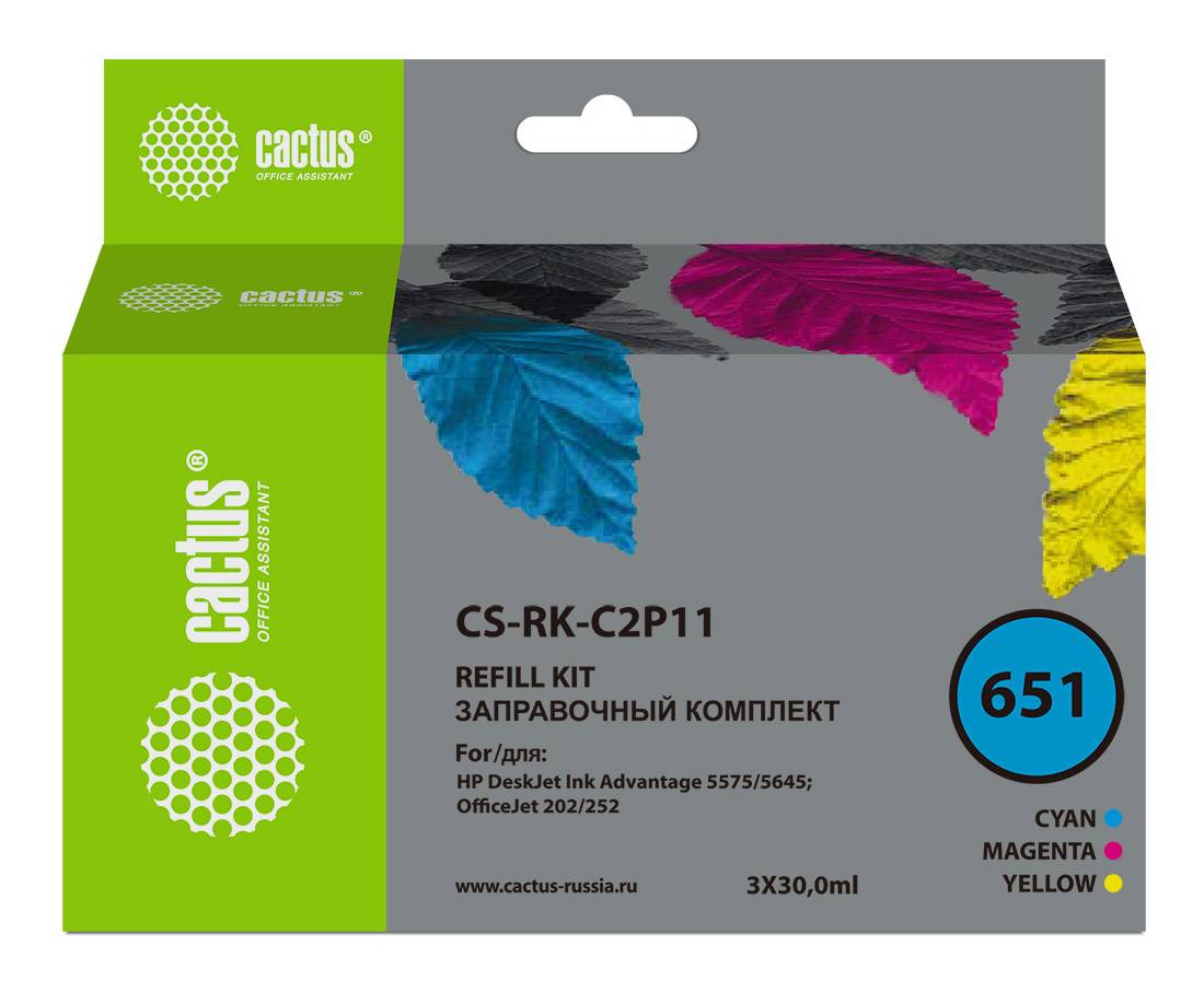 Заправочный набор Cactus CS-RK-C2P11 №651 голубой/пурпурный/желтый 3xфл. 30мл для HP DJ 5575/5645