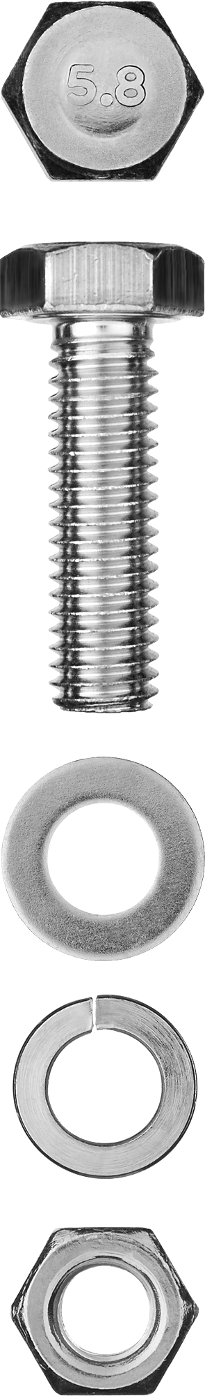 Болт (DIN933) в комплекте с гайкой (DIN934), шайбой (DIN125), шайбой пруж. (DIN127) Зубр 303436-06-020, М6, 2 см, 933 DIN, 6 мм, оцинкованная сталь, 11 шт., фасовка (303436-06-020)