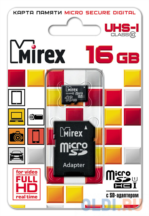 Флеш карта microSD 16GB Mirex microSDHC Class 10 UHS-I (SD адаптер)